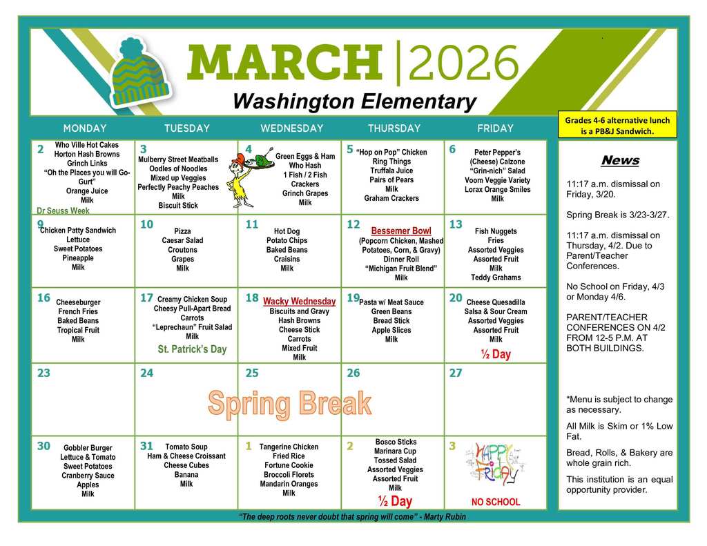 WES March Lunch Menu