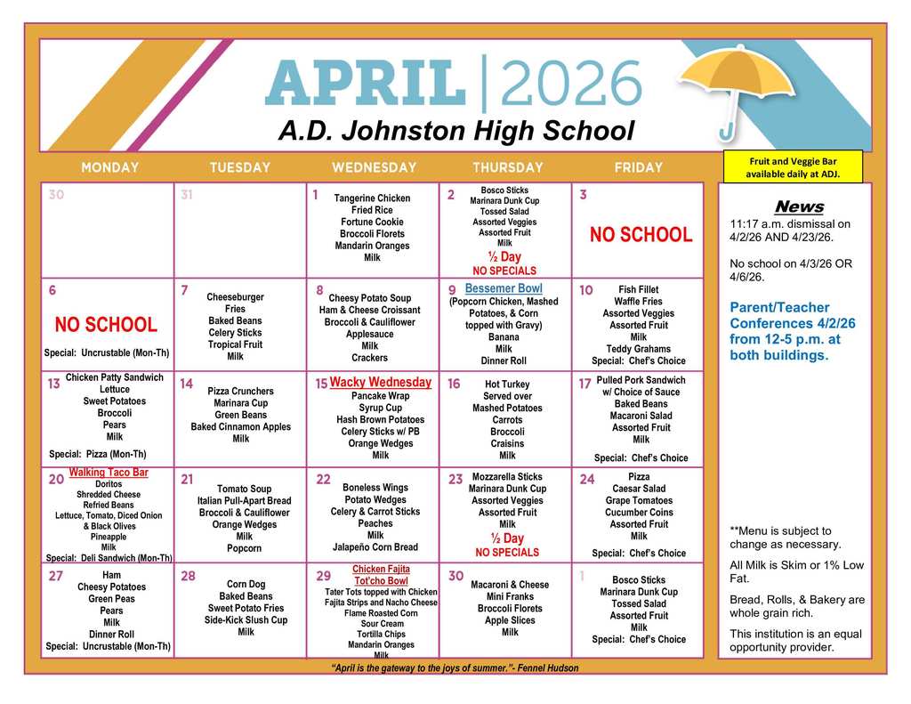 April Lunch Menu for ADJ