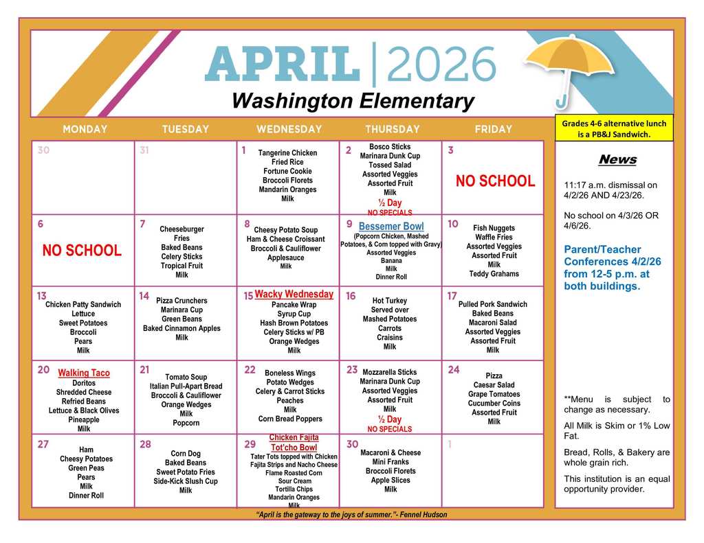 April lunch menu for Washington Elementary.