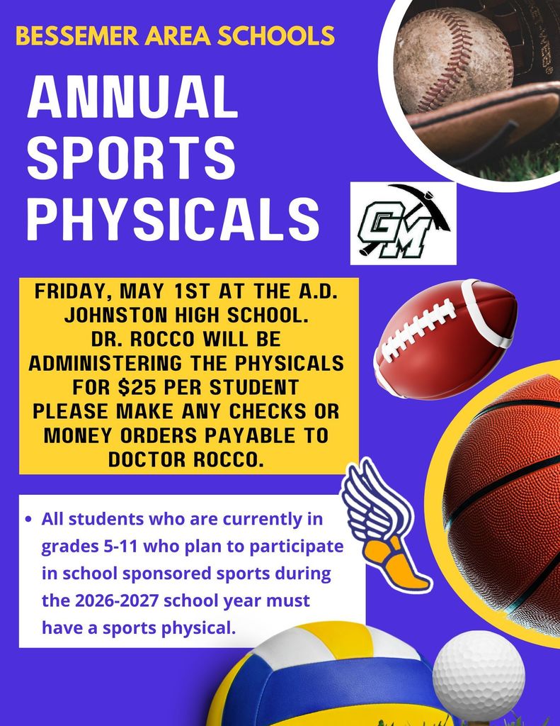 Sports Physicals for the 26-27 school year will be on Friday, May 1, 2026. Cost is $25. 
