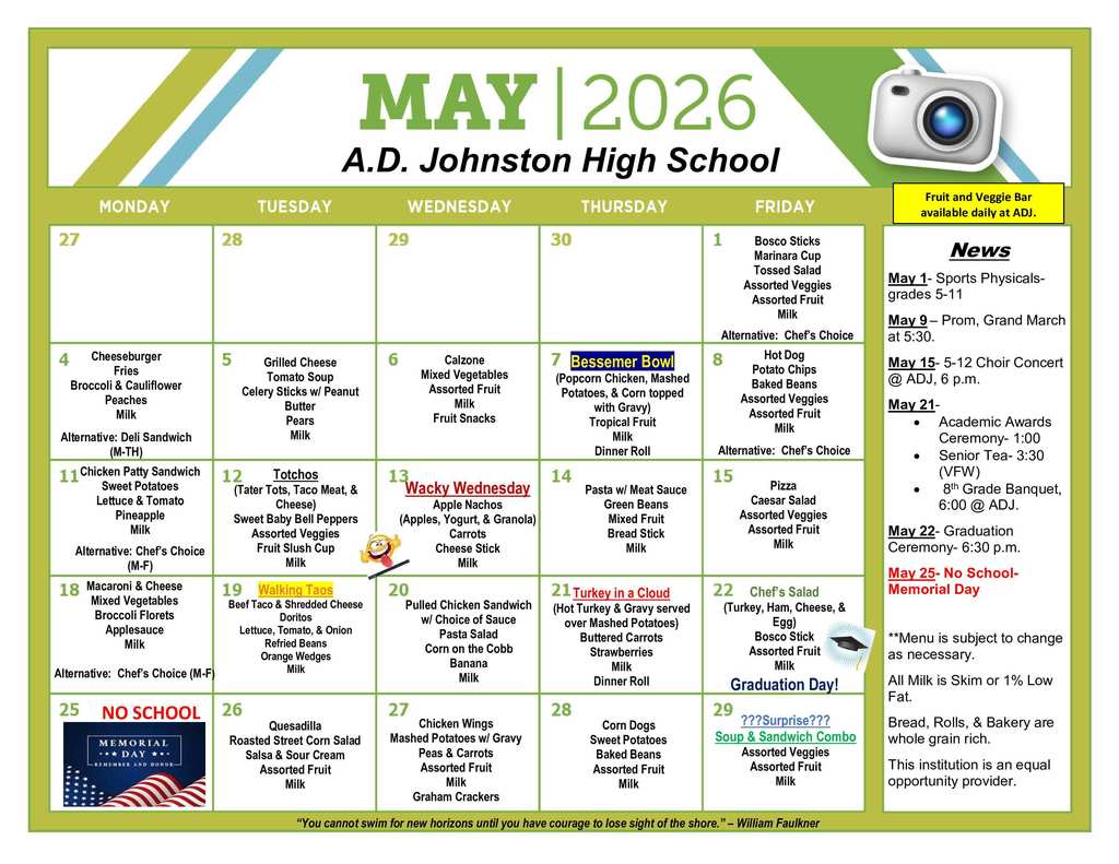 ADJ May Lunch Menu