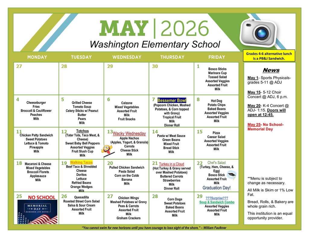 WES May Lunch Menu