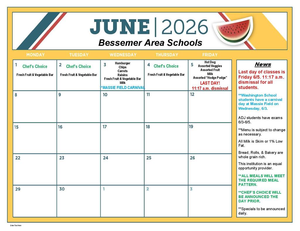 Here is the June lunch menu.  Both schools will have the same menu for June. 