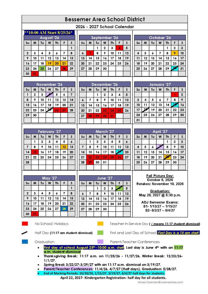 2026-2027 Bessemer Area Schools District Calendar.