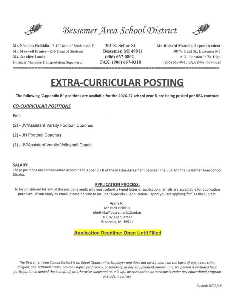 Job posting for Extra-Curricular school positions