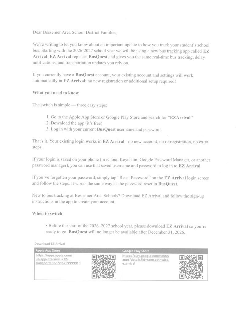 parent letter regarding new bus app