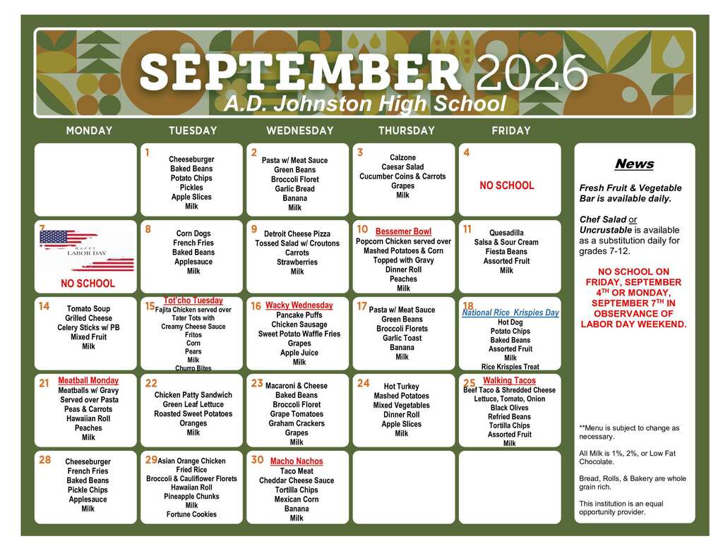 September ADJ Lunch Menu