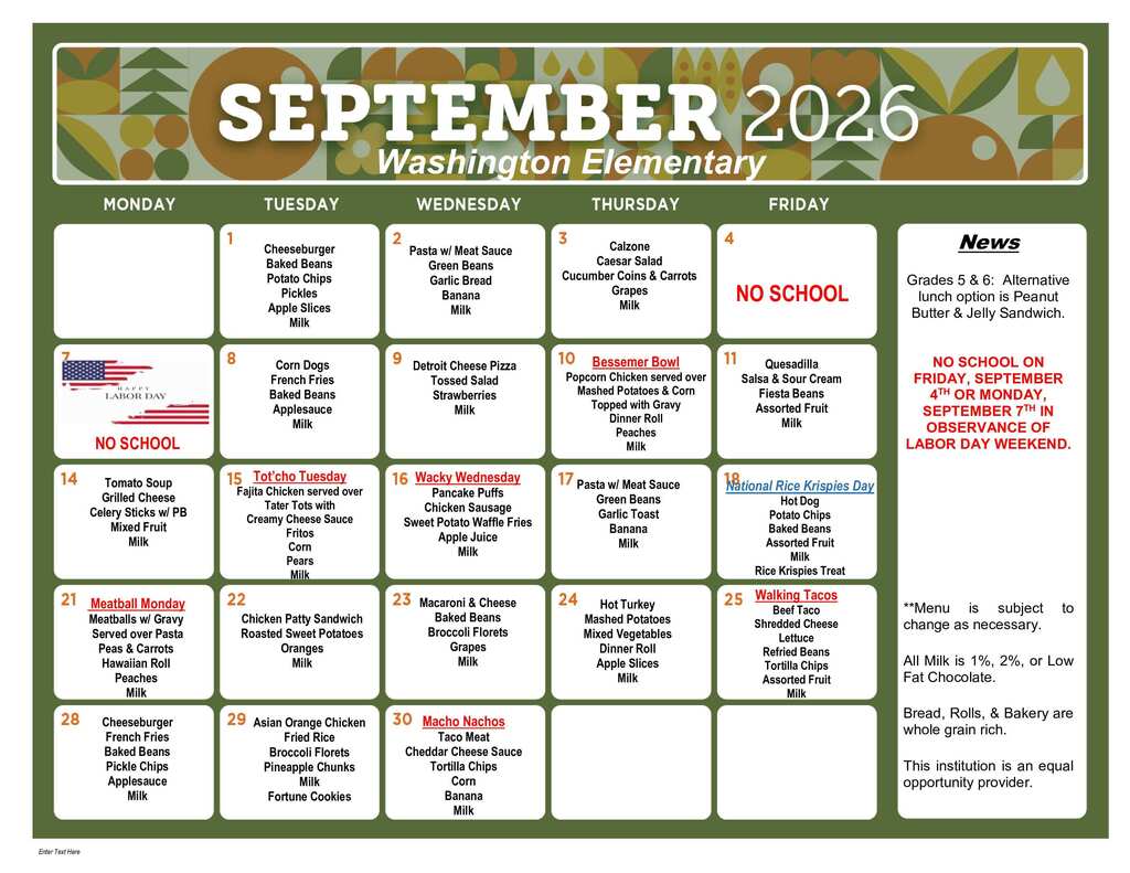 September WES Lunch Menu