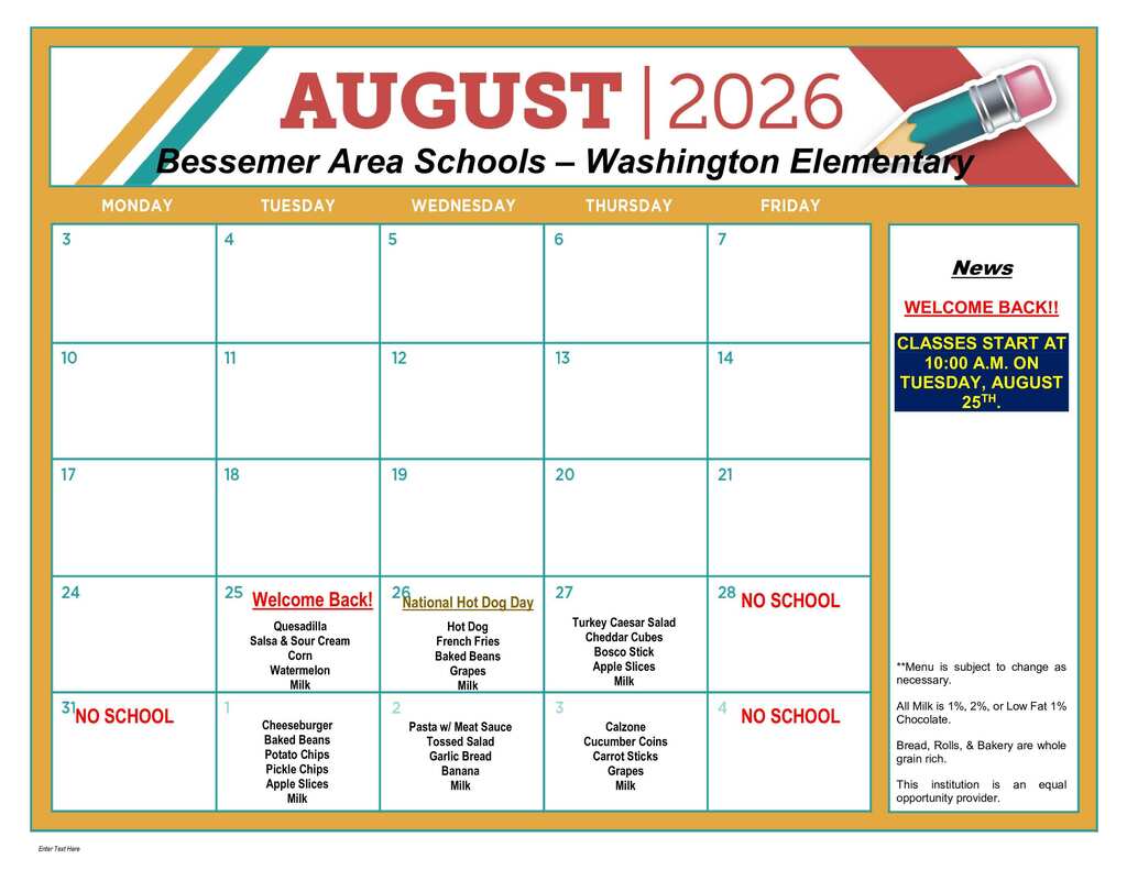 August WES Lunch Menu