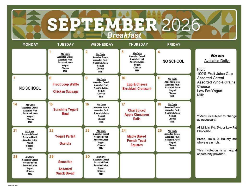 September Hot Breakfast menu