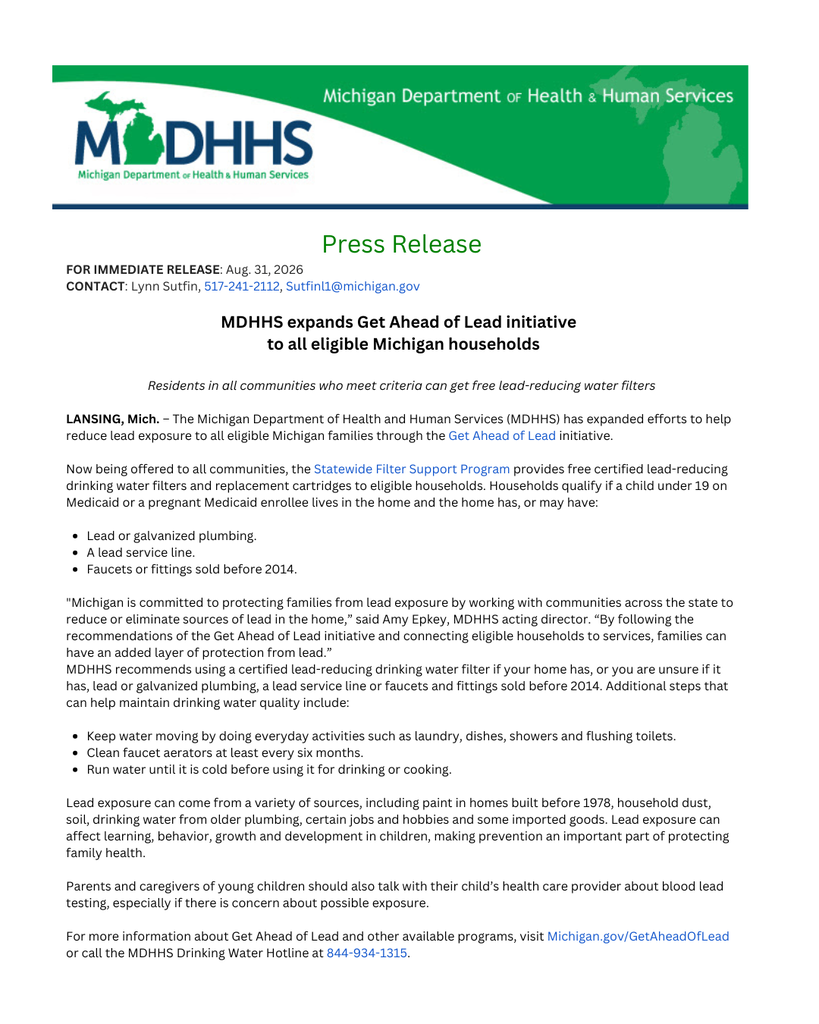 Press release regarding MDHHS Get Ahead of Lead Initiative