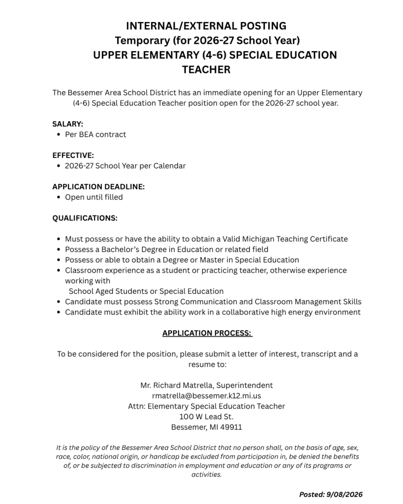 jop posting for temporary upper elementary Special Education teacher