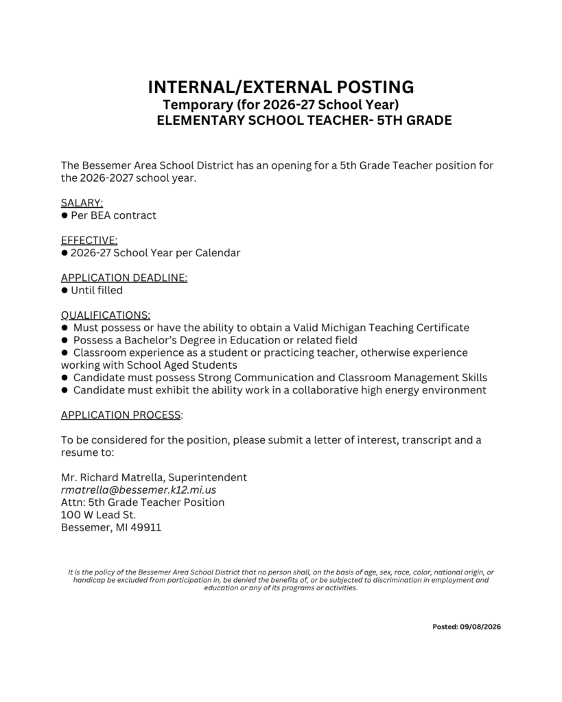 job posting for 5th Grade Teacher for the 26-27 school year