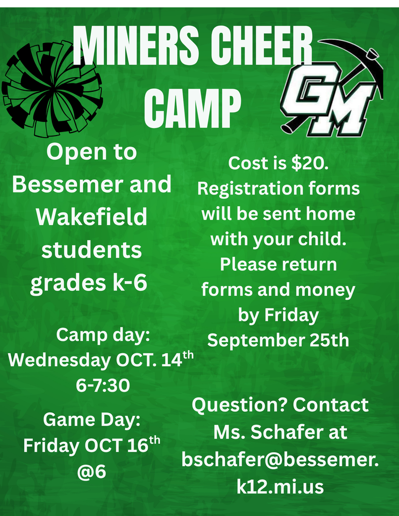 Our annual Cheer Camp is happening on Wednesday, October 14th from 6-7:30 p.m. The performance will then be on Friday, October 16th at 6 p.m.