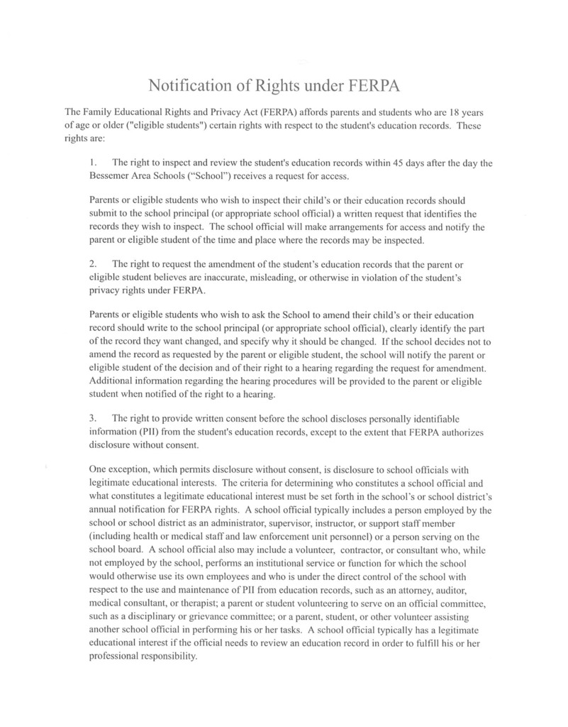 Notice of Rights Under FERPA page 1
