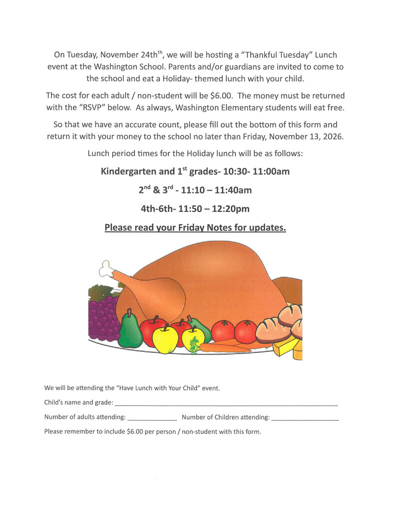 flyer advertising holiday-themed lunch at the elementary school