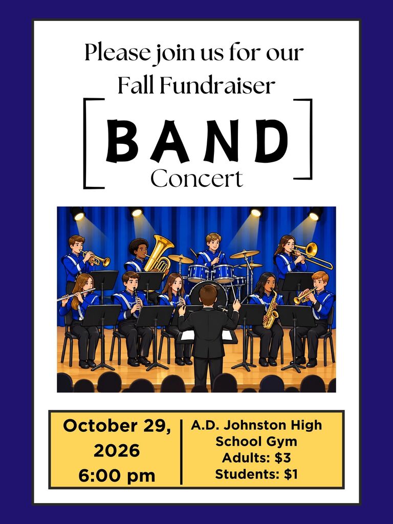 Flyer inviting people to attend the Fall Fundraiser Band Concert. Admission is $3 for adults and $1 for students.