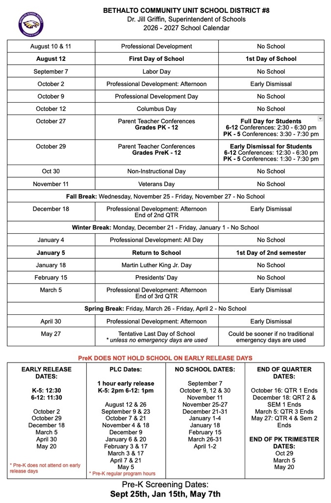2026-2027 School Board calendar