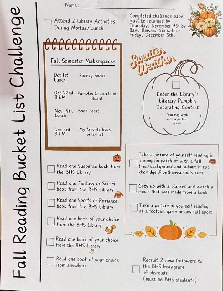 bingo sheet for the fall reading challenge in the library