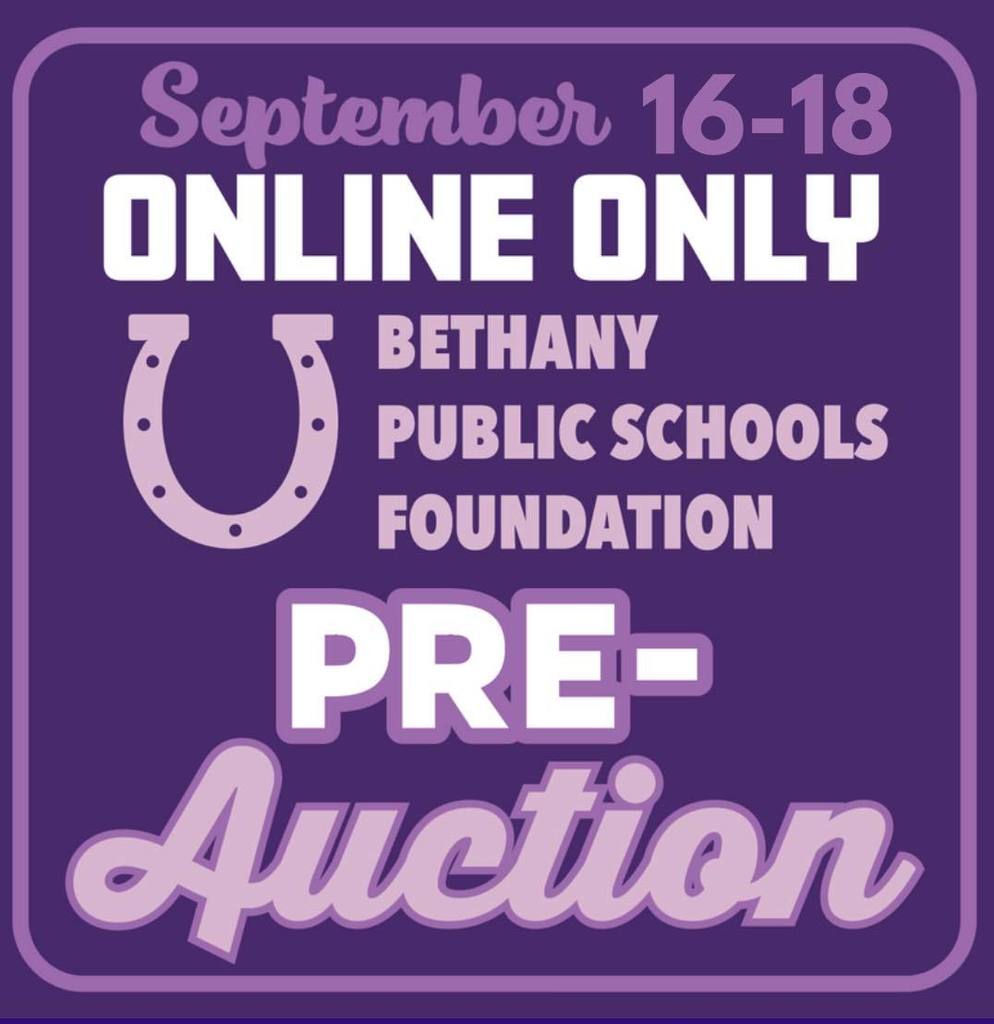 A purple graphic with light pink and white text promoting the Bethany Public Schools Foundation Pre-Auction. The text reads: “September 16–18. Online Only. Bethany Public Schools Foundation Pre-Auction.” A horseshoe graphic is placed on the left side of the text.