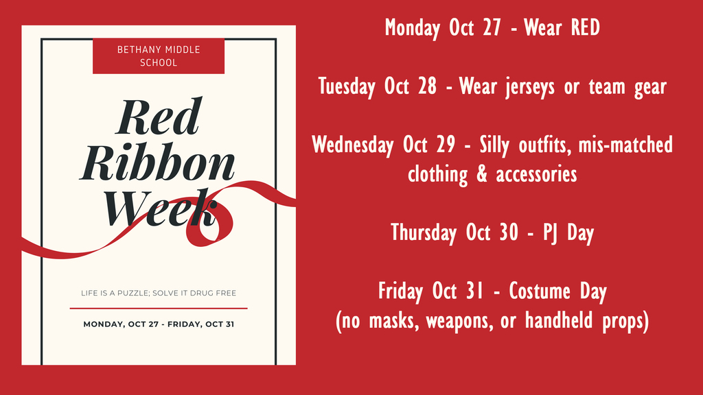 graphic explaining the dates and dress up schedule for Red Ribbon Week