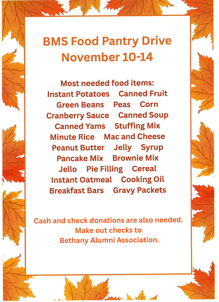 food pantry drive flyers with list of items surrounded by fall leaves