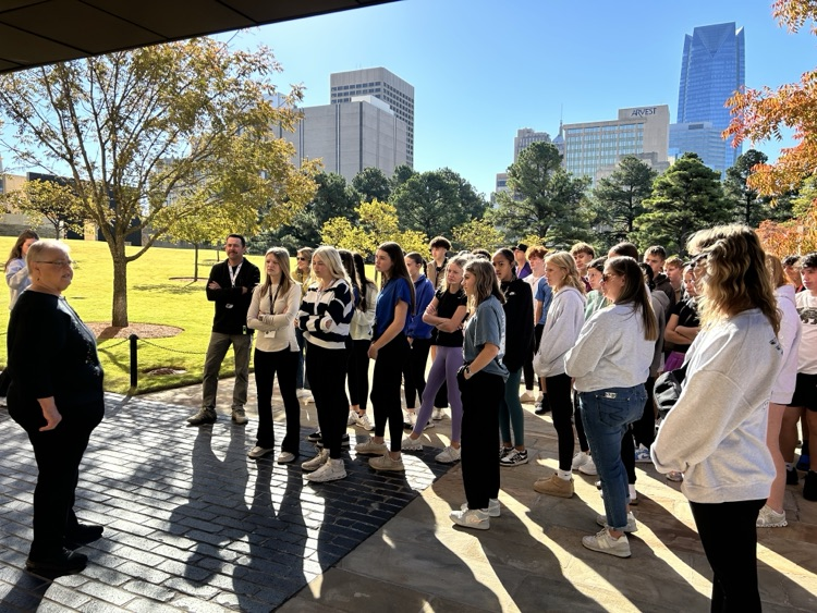 Group of students beginning a tour at the Oklahoma bombing memorial