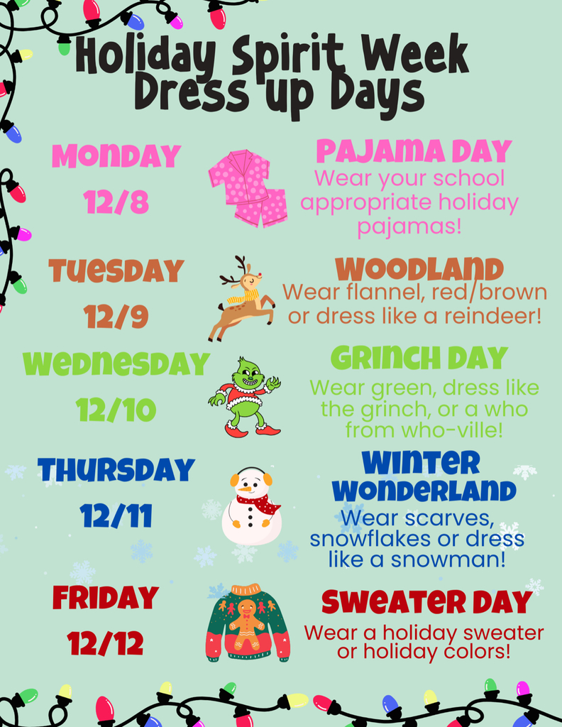 a graphic that lists all of the dress up days for holiday spirit week