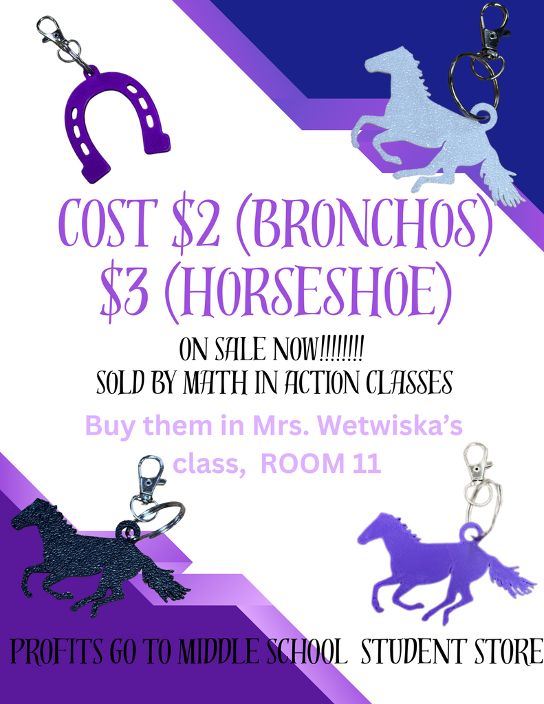 flyer with images of the 3-D printed keychains (horses and horseshoes) that are for sale