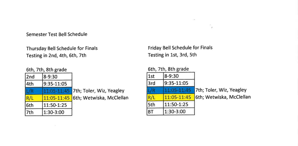 detailed bell schedule for MS semester test days