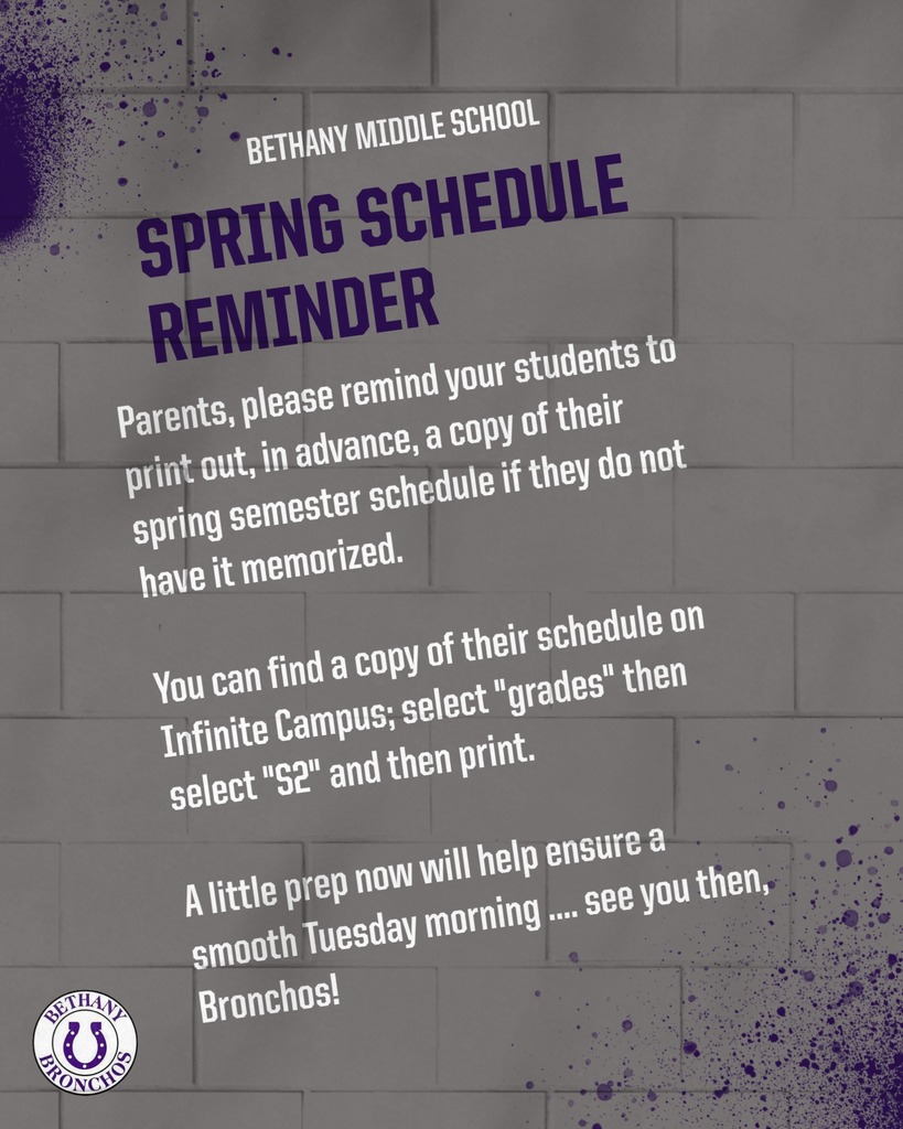 purple, gray and white graphic reminding parents to print student schedules in advance