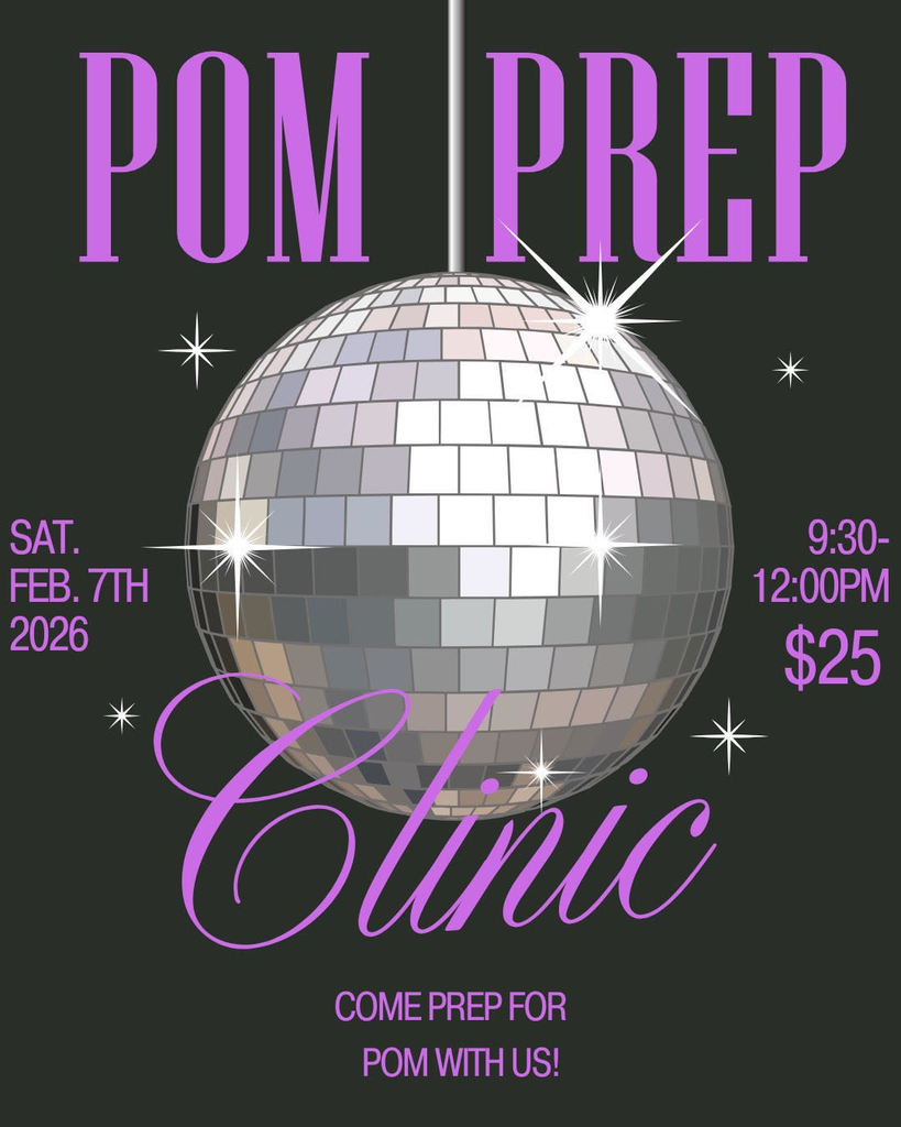 purple and black graphic with a disco ball, promoting a pom clinic on Feb 7th
