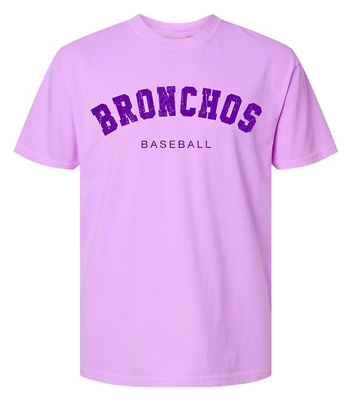 Picture of pink t-shirt with the word Bronchos across the chest in purple