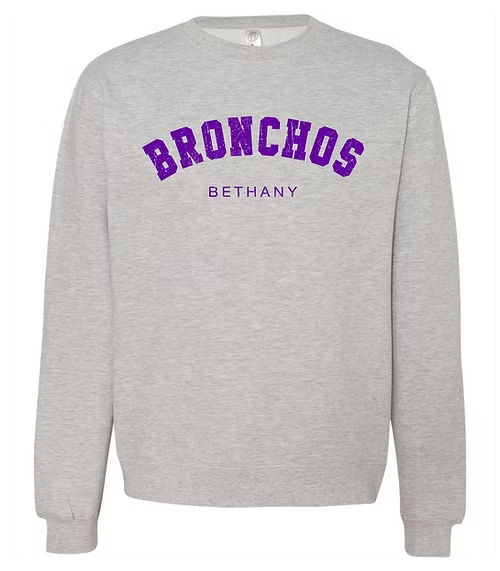 Picture of gray sweatshirt with the word Bronchos across the chest in purple