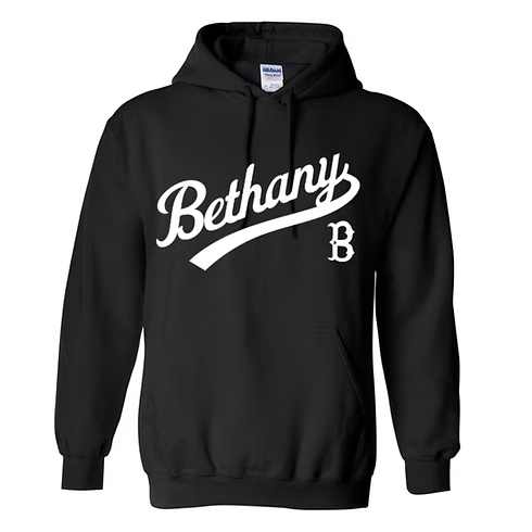 Picture of black Bethany hoodie with the word Bethany across the chest in white cursive print