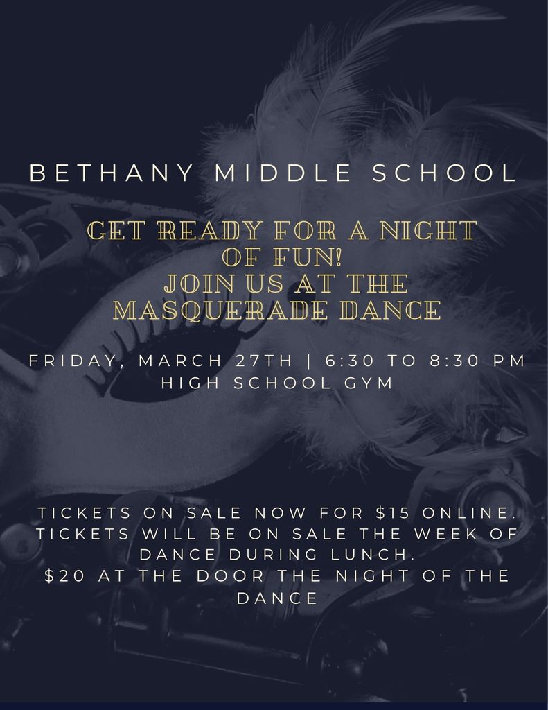 flyer promoting ticket sales to the spring dance; dark blue with a mask image; gold letters