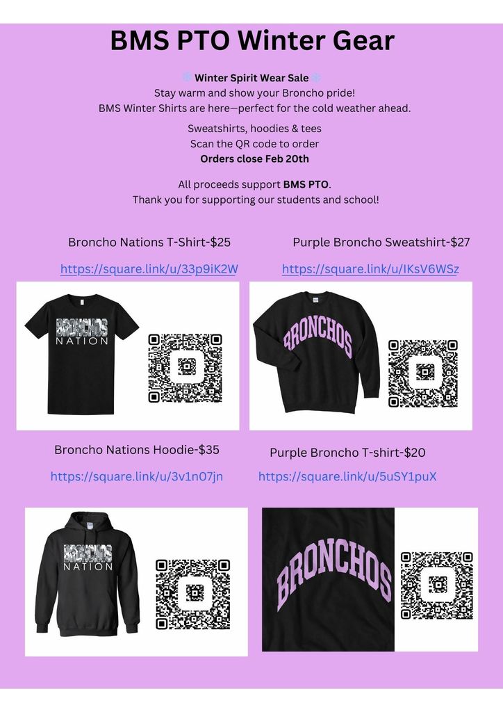 light purple flyer with order information for BMS PTO sweatshrts and tshirts