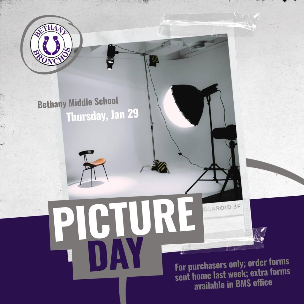 Purple and white graphic that shows a photo studio set up with lights and cameras with picture day information.