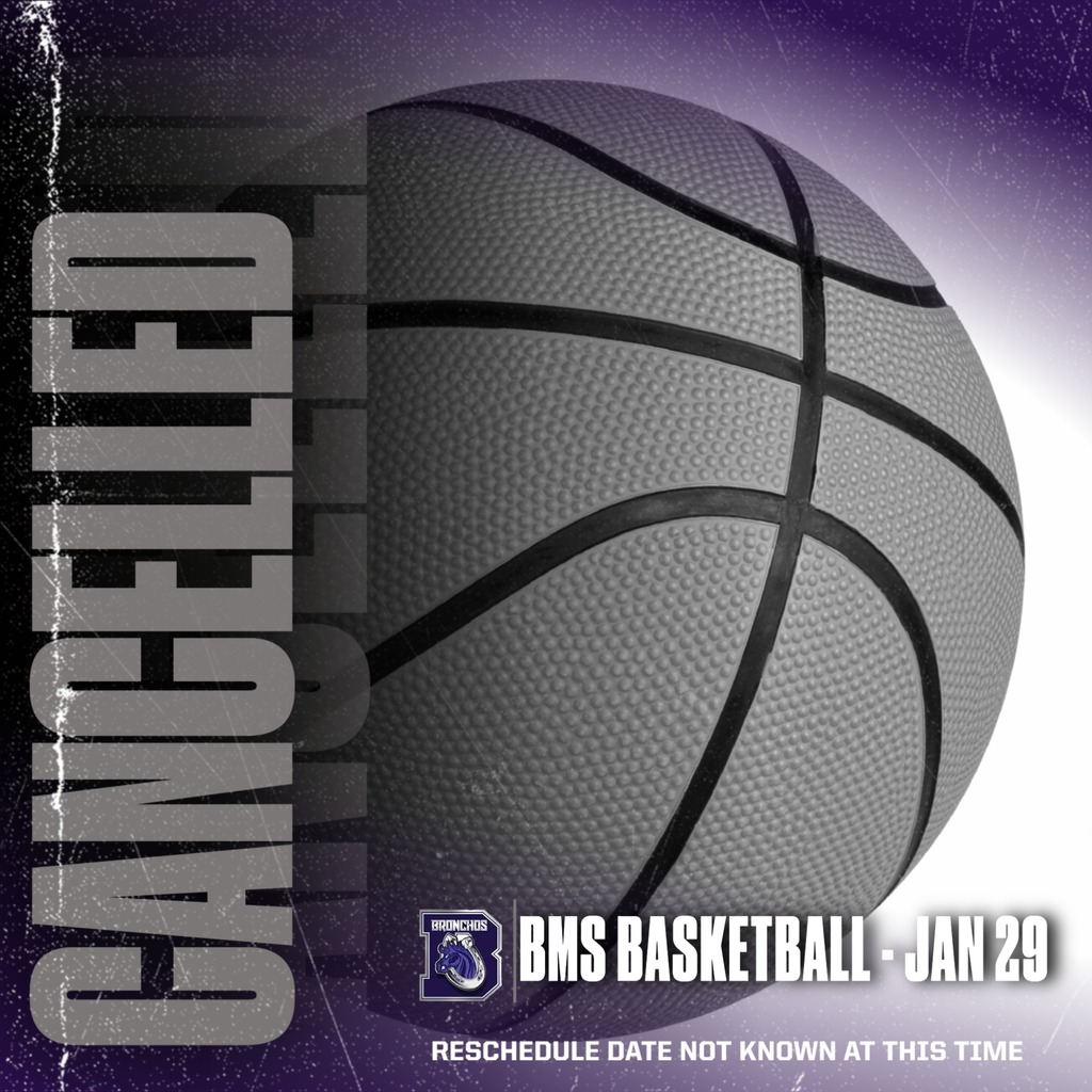 purple and gray graphic announcing tonight's bms basketball games are canceled