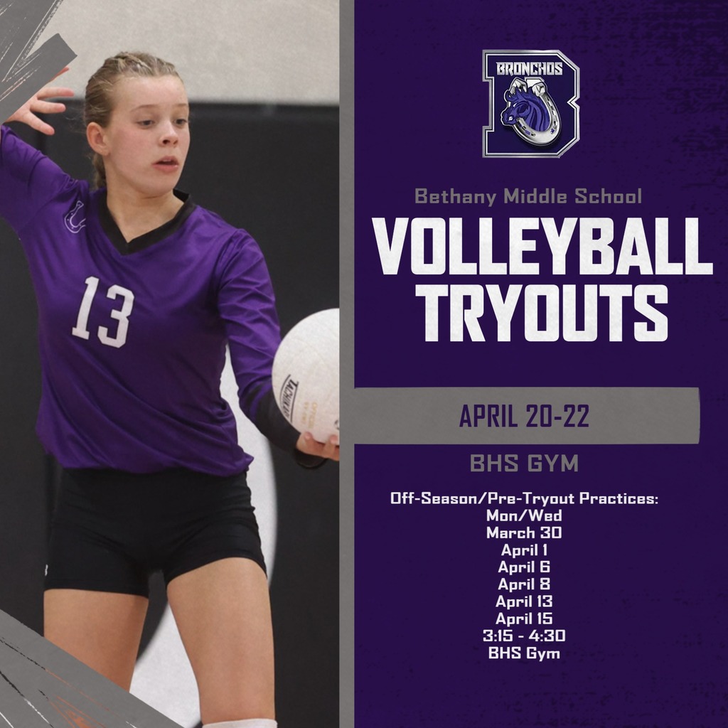 purple and gray graphic of female volleyball player with tryout dates listed