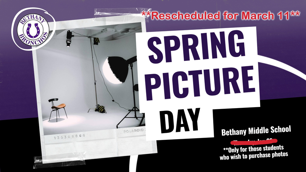 Purple and white graphic showing studio lighting promoting the date change for spring picture day