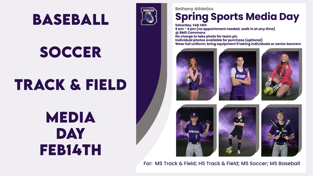 purple and white graphic advertising media day for spring sports on Feb 14th