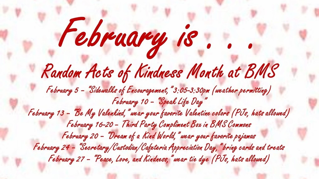 white graphic with pink hearts that lists the Random Acts of Kindness activities for the month of Feb