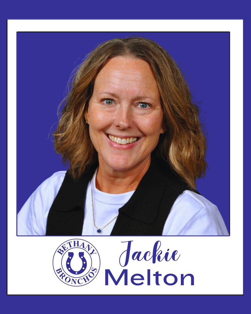 Portrait of Jackie Melton smiling in front of a purple background. She has shoulder-length light brown hair and is wearing a white shirt layered with a black vest and a small necklace. A Bethany Bronchos logo and her name appear below her photo.