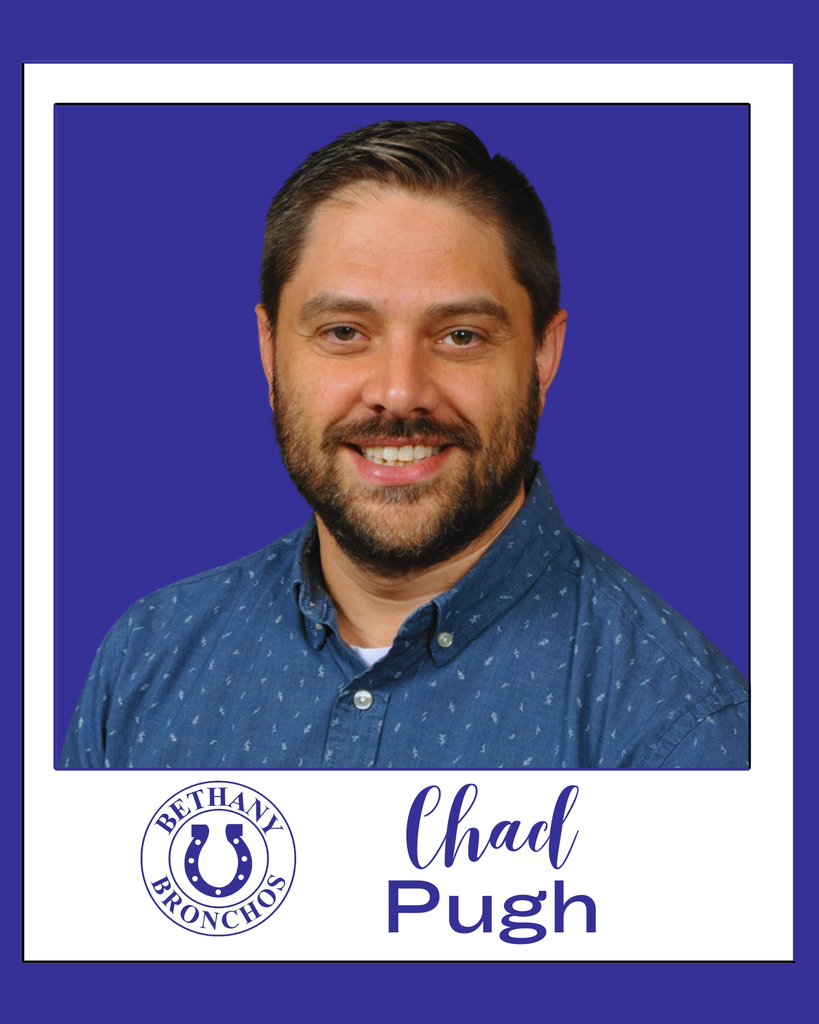 Portrait of Chad Pugh smiling in front of a purple background. He has short dark hair, a trimmed beard, and is wearing a blue patterned button-up shirt. A Bethany Bronchos logo and his name appear below his photo.