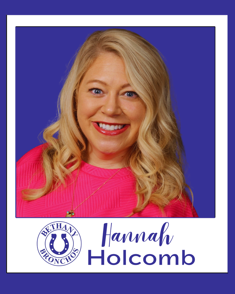 Portrait of Hannah Holcomb smiling in front of a purple background. She has long blonde hair styled in loose curls and is wearing a bright pink sweater and a necklace. A Bethany Bronchos logo and her name appear below her photo.