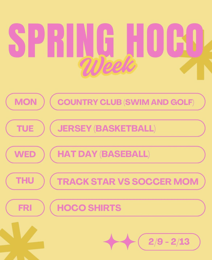 pink and yellow graphic that lists dress up days for spring sports HS spirit week