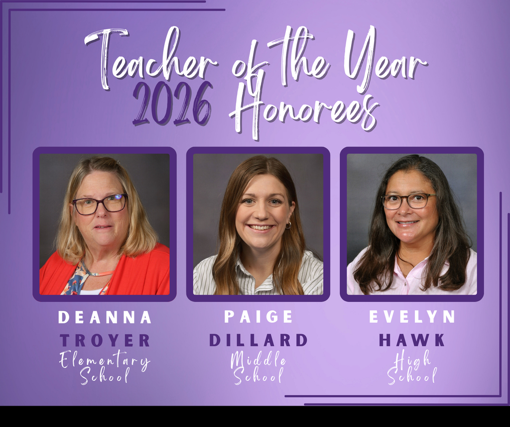 Purple Bethany Public Schools graphic titled “Teacher of the Year 2026 Honorees.” It features three framed staff headshots. From left to right: Deanna Troyer, Elementary School teacher; Paige Dillard, Middle School teacher; and Evelyn Hawk, High School teacher. Their names and school levels appear beneath each portrait.