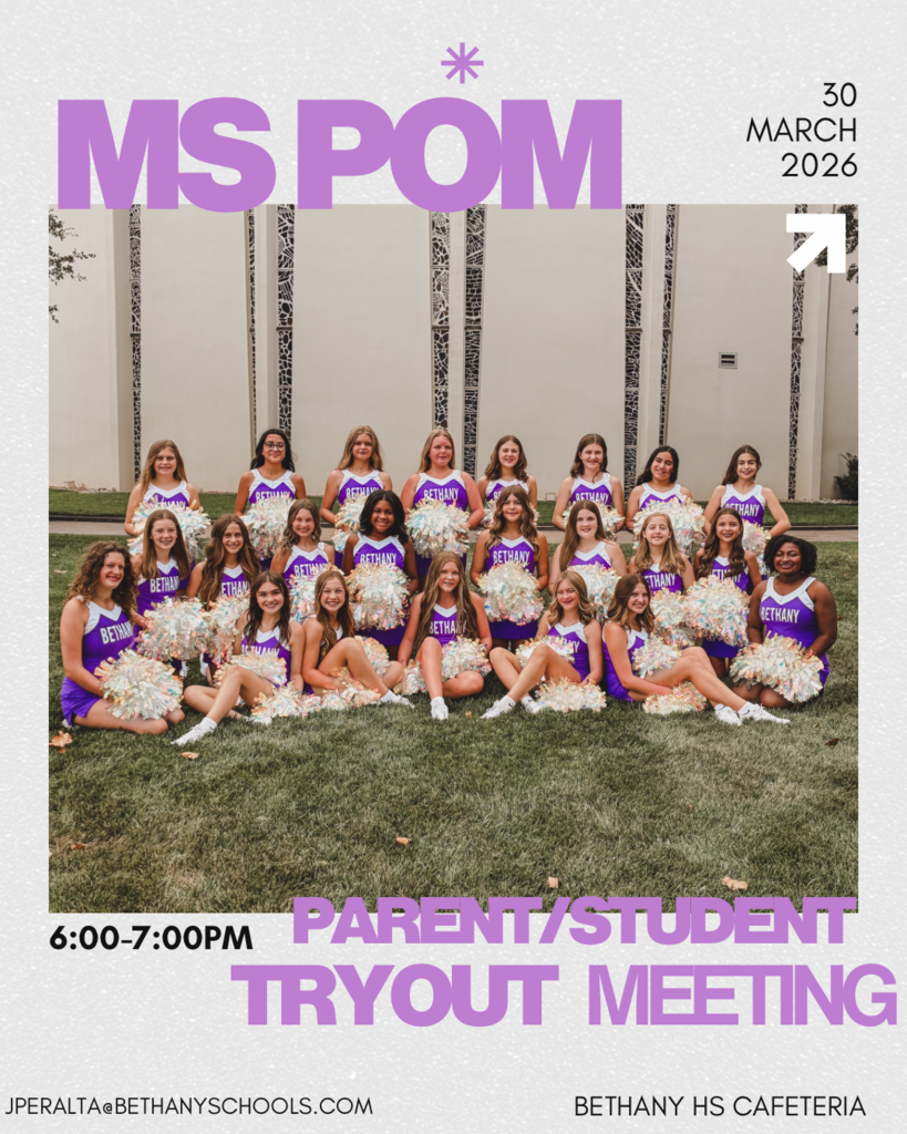 Picture of pom team with details about information meeting for pom tryouts