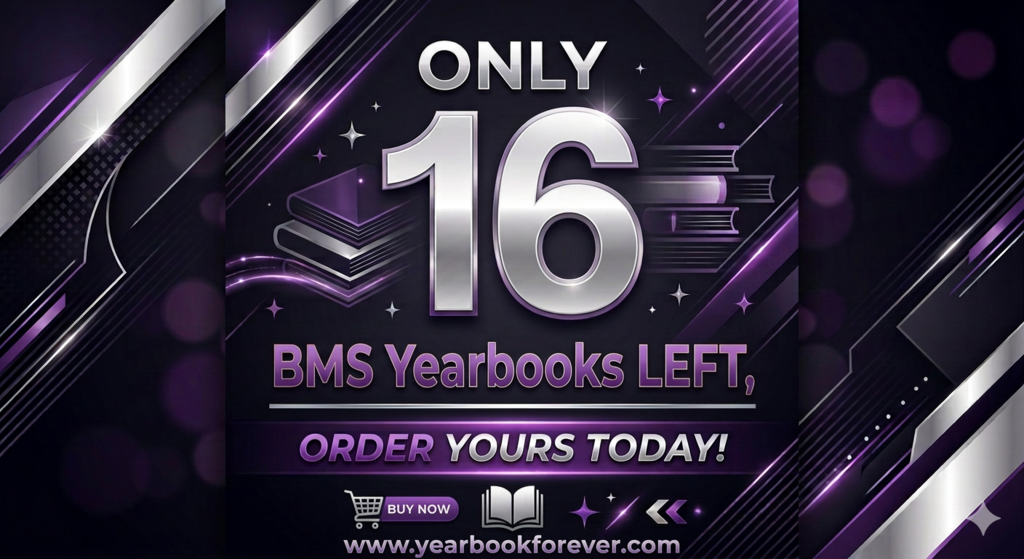 purple and silver graphic promoting yearbook sales and only 16 books left